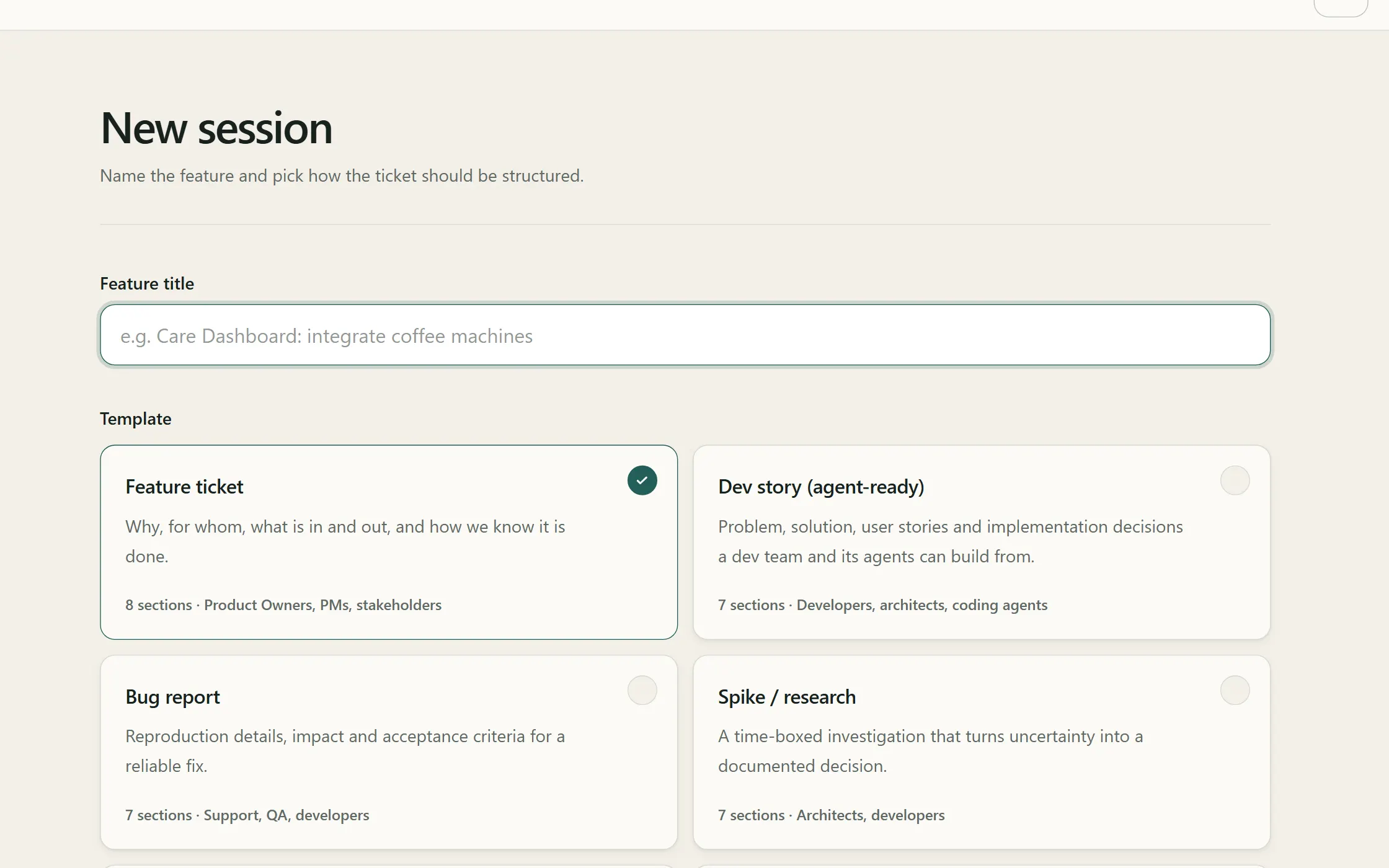 The new session screen: template tiles and the title field.