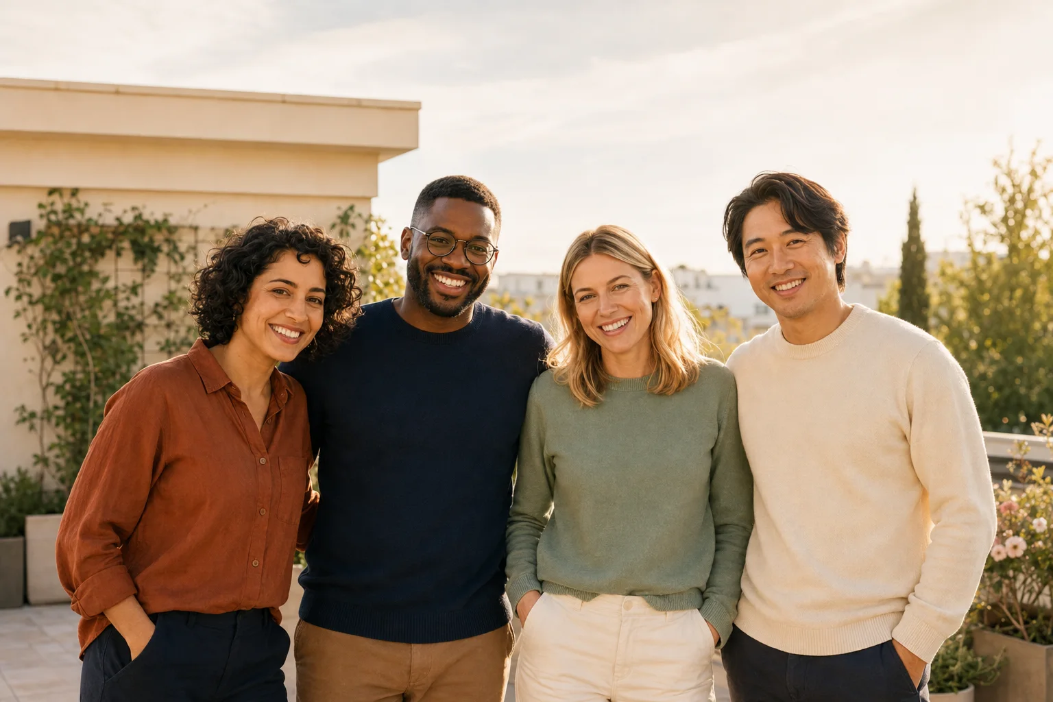 Generated rooftop portrait of the same four fictional teammates celebrating their work