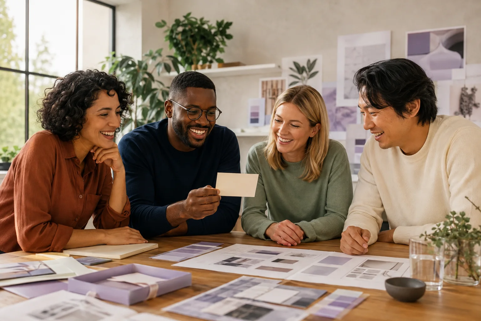 Four fictional teammates enjoying a shared moment around their finished workshop plan
